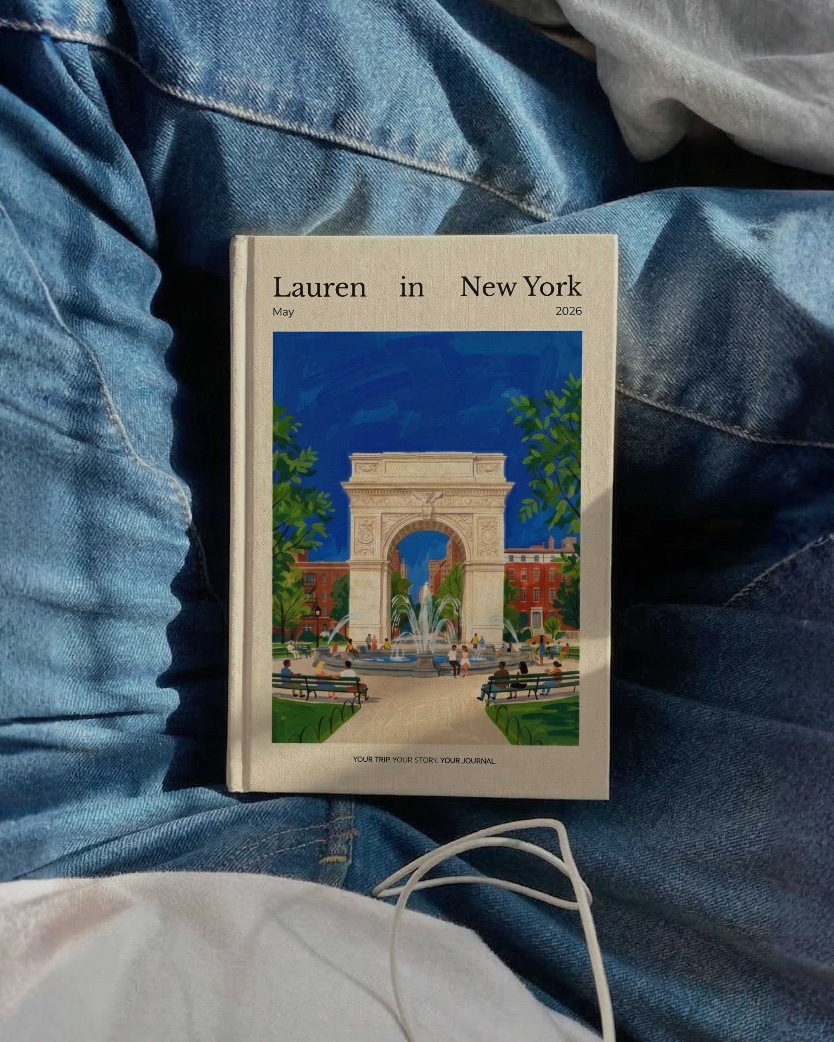 Custom travel journal for New York on denim fabric